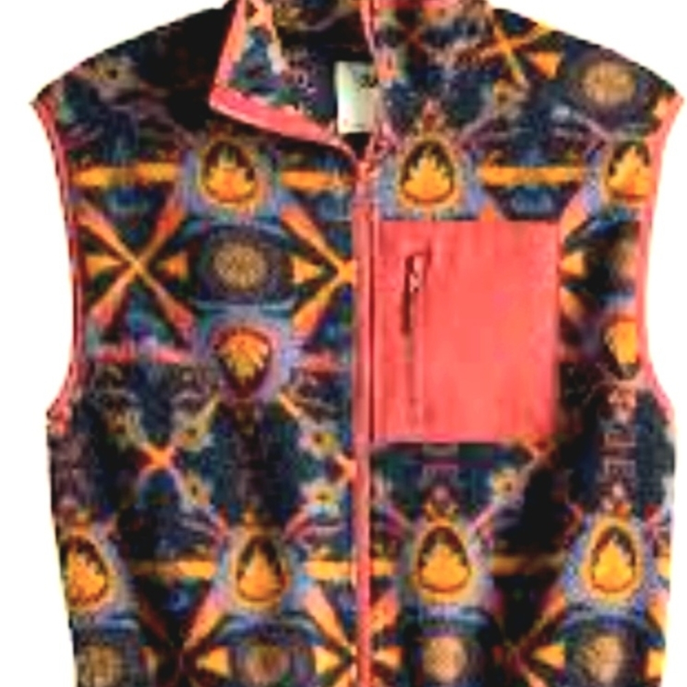 Womens SO Sherps Colorful Geometric Pattern Vest with Pink Pocket Size Small